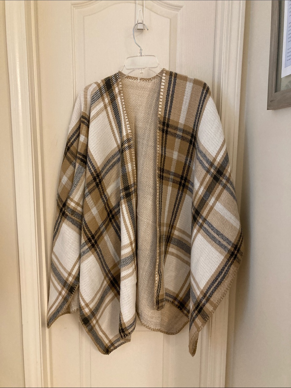 Plaid Open-Front Knit Poncho - Cream and Tan